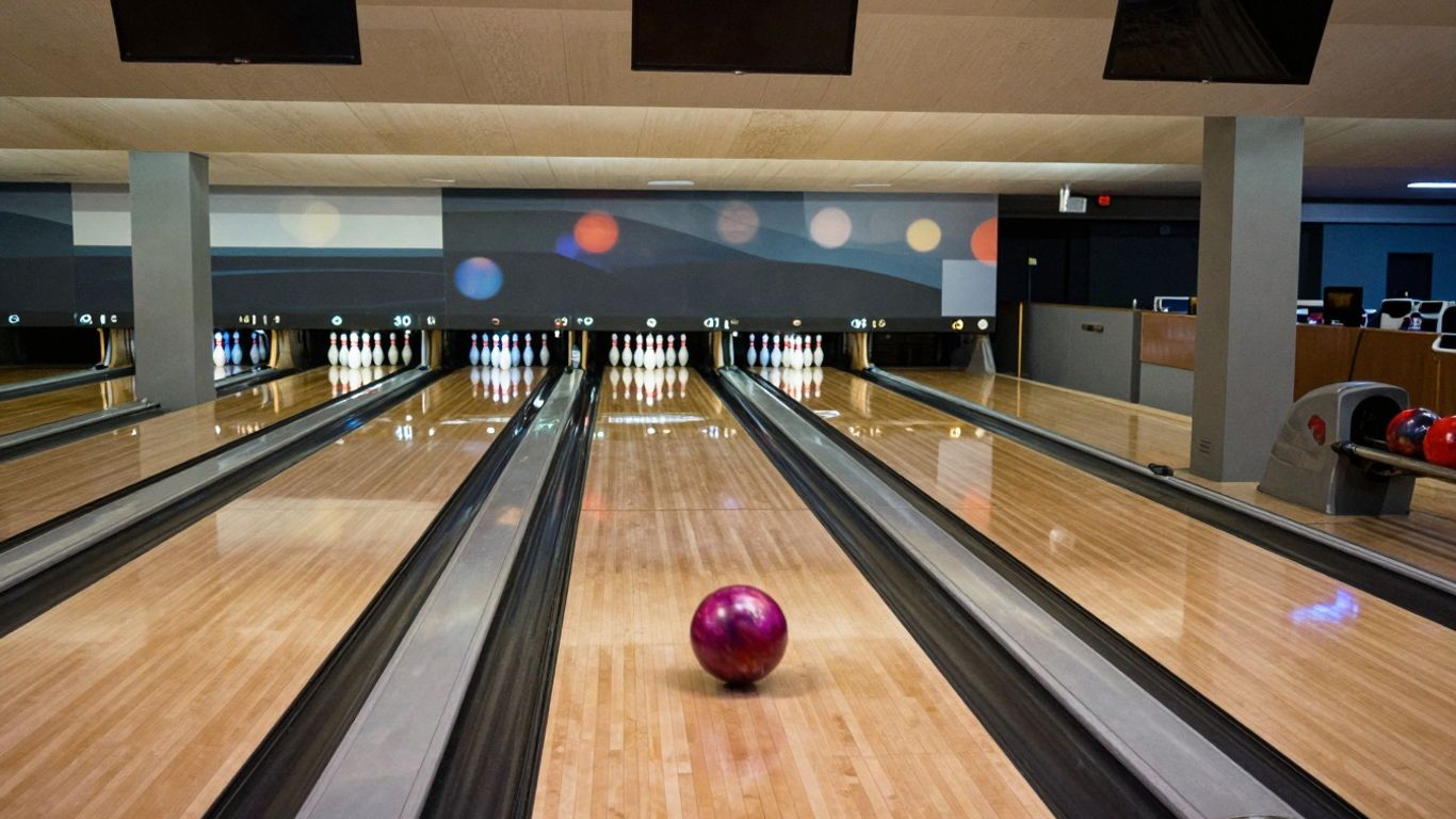 Bowling pins and ball in action at a Calgary bowling alley.