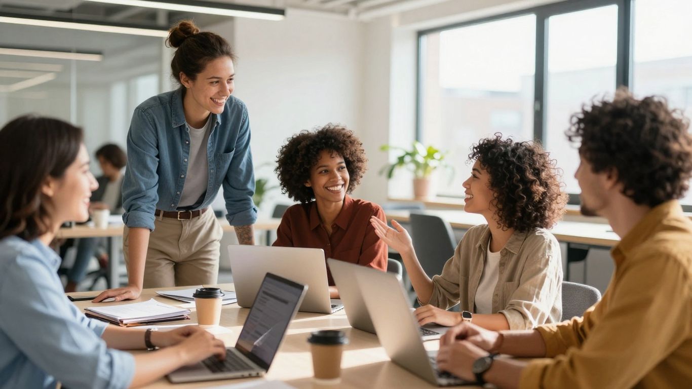 Gelukkige werknemers in een moderne kantooromgeving.