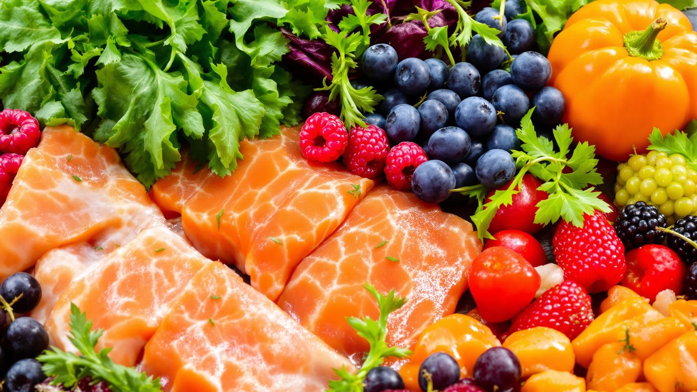 Alimentos frescos y coloridos para articulaciones fuertes.