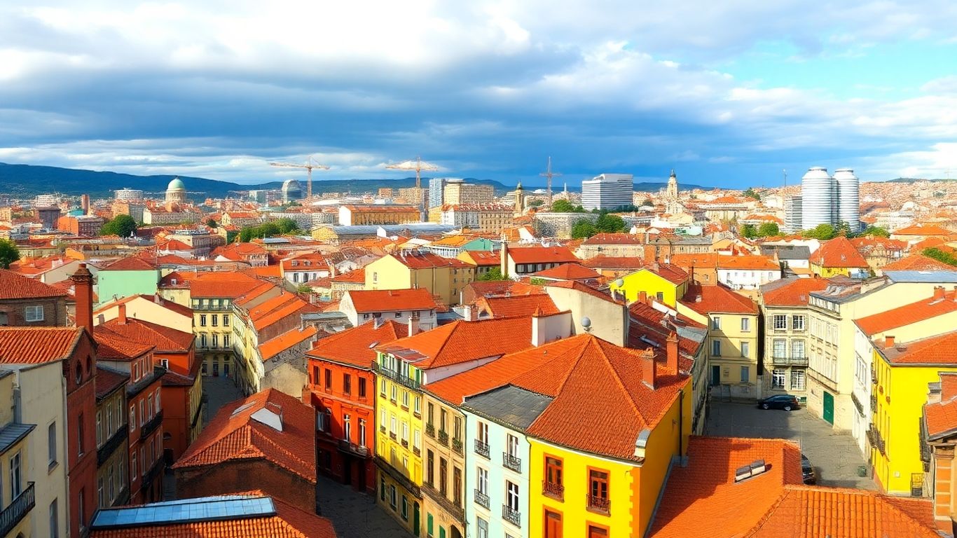 Bâtiments colorés dans le quartier historique de Bilbao avec une architecture moderne en arrière-plan.