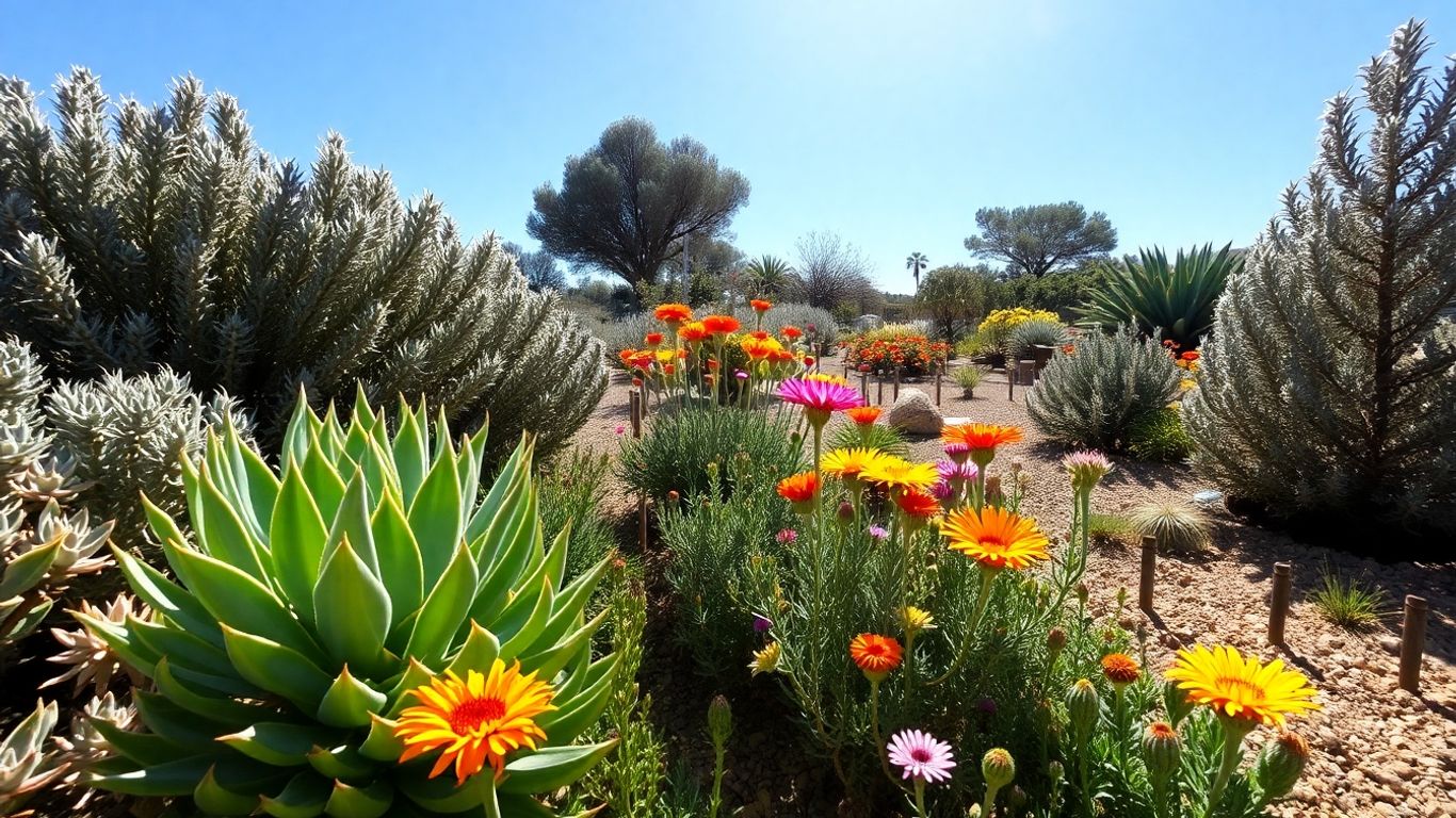 Plantas resistentes à seca em jardim ensolarado em Portugal.
