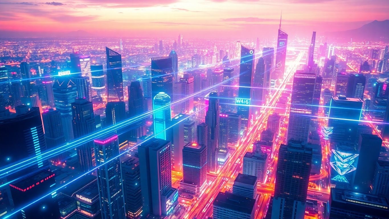 Futuristic cityscape with digital streams and abstract shapes.