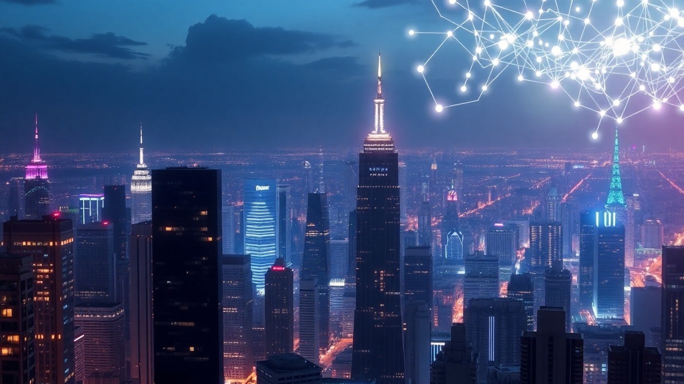Futuristic city with AI elements and crypto symbols.