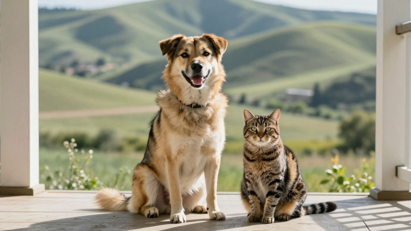 Happy dog and cat on a porch in South Dakota.