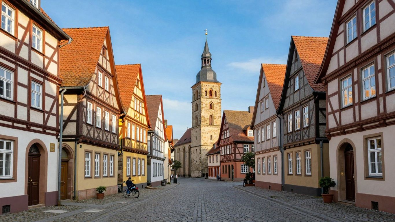 Historische Stadtansicht mit Fachwerkhäusern und Kirchturm