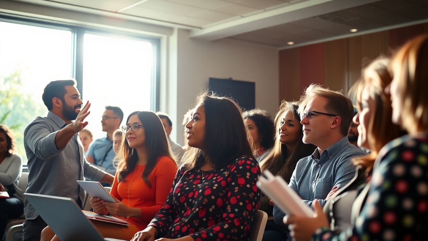 People learning about e-commerce at a seminar.