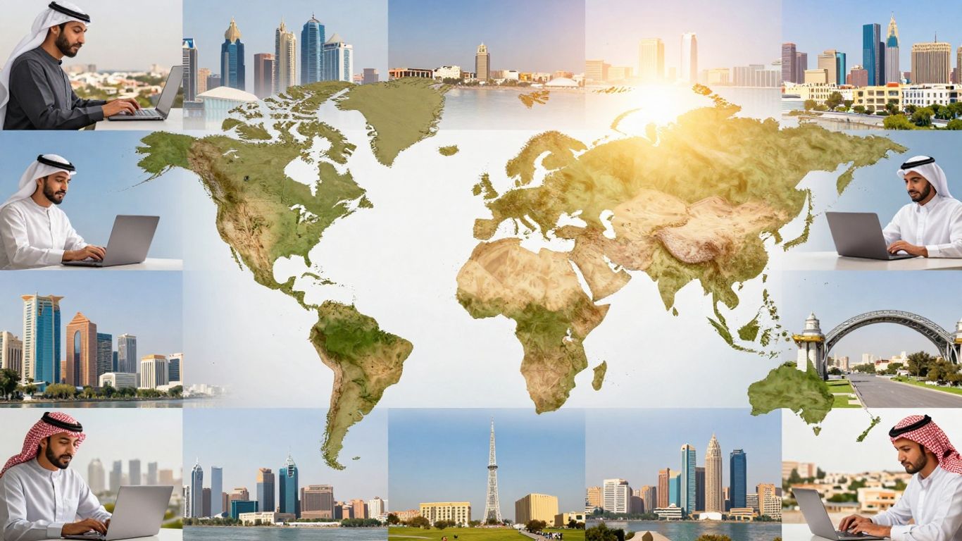 Global landmarks and people working remotely in scenic locations.