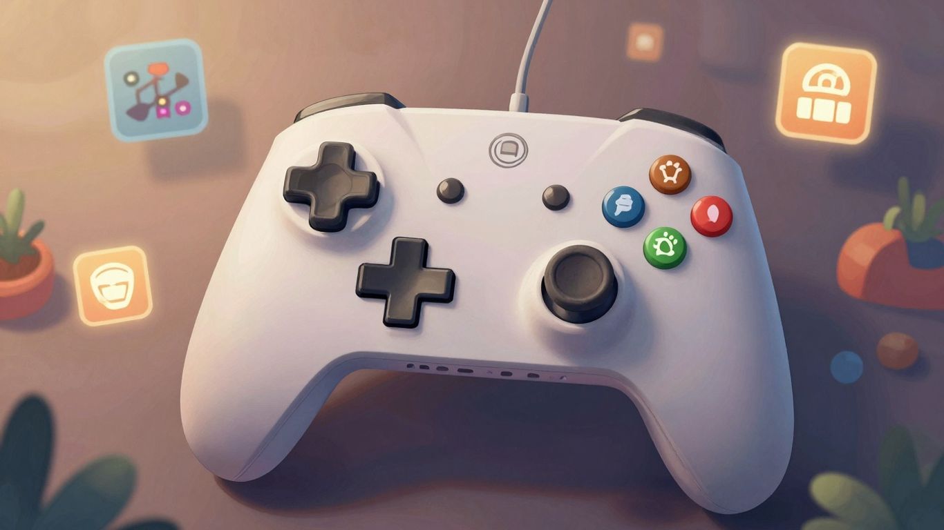 Controller surrounded by glowing entertainment icons.