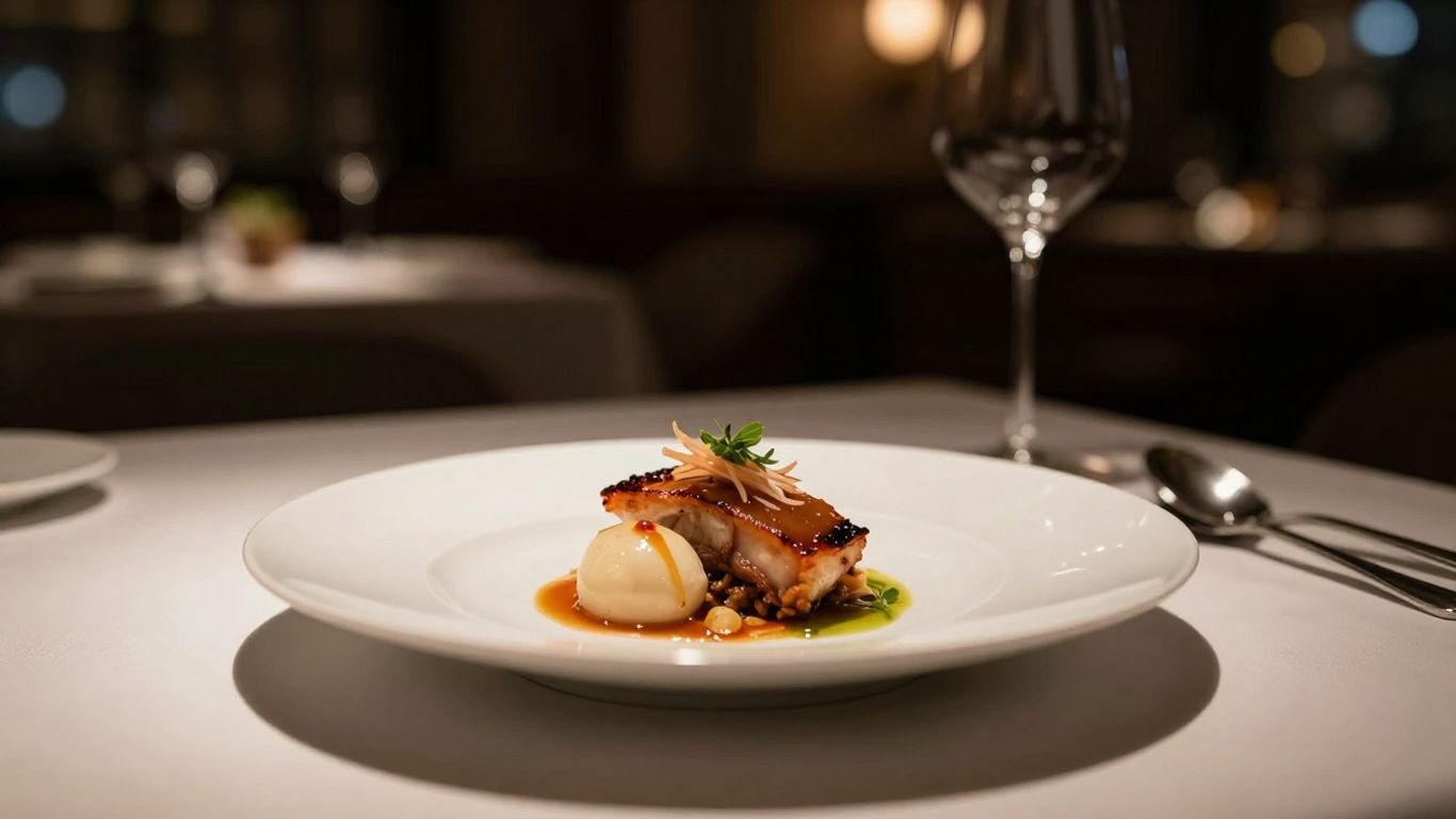 Elegantes Restaurant mit Gourmet-Gericht auf dem Tisch