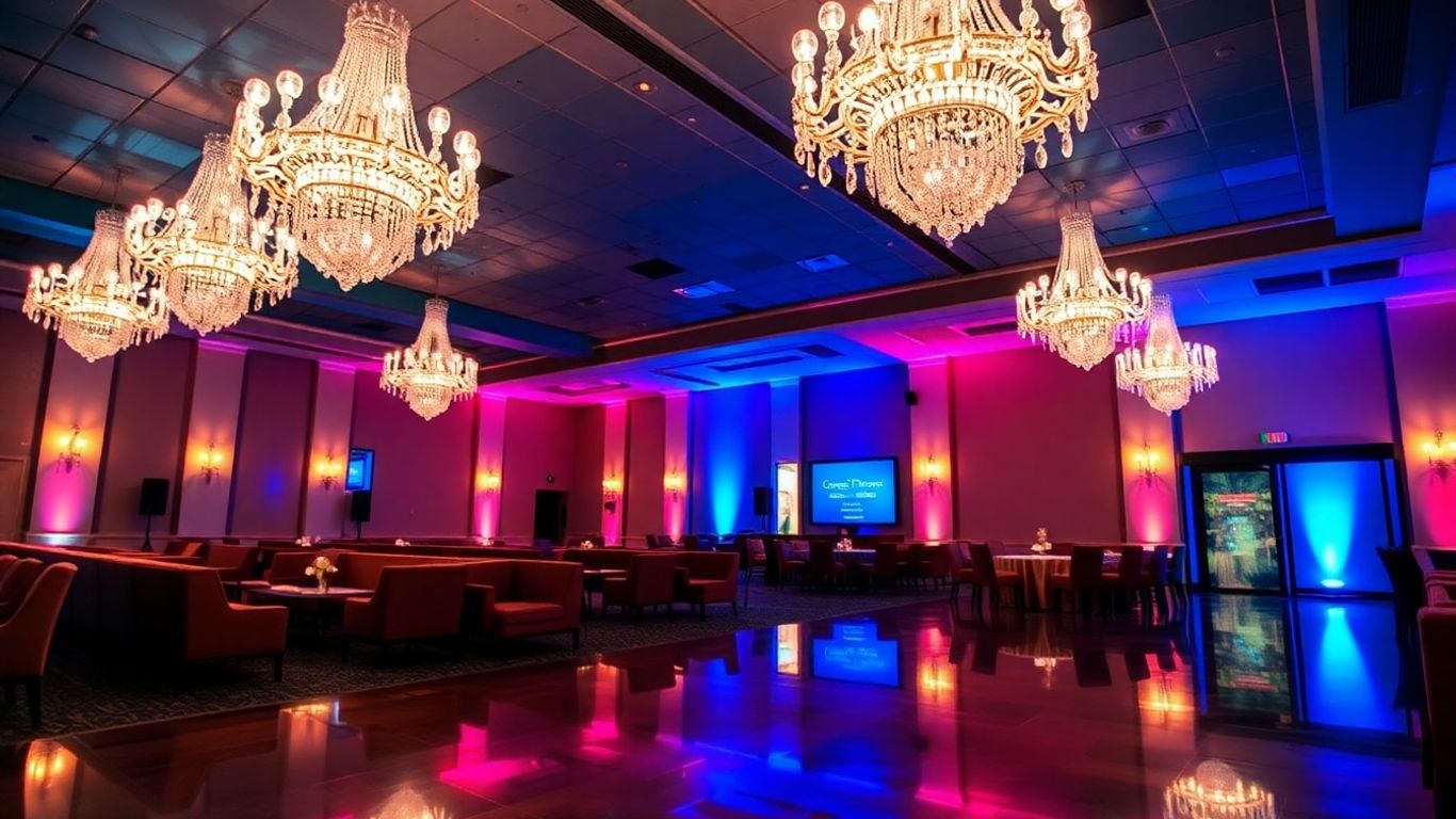 Elegant Dallas event space interior with chandeliers and sophisticated decor.