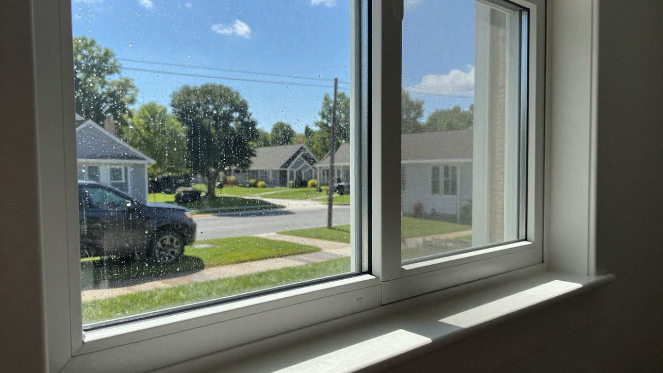 Sparkling clean window with a view of a sunny neighborhood.