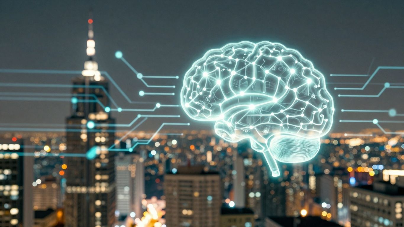 AI and blockchain merging in a futuristic digital landscape.