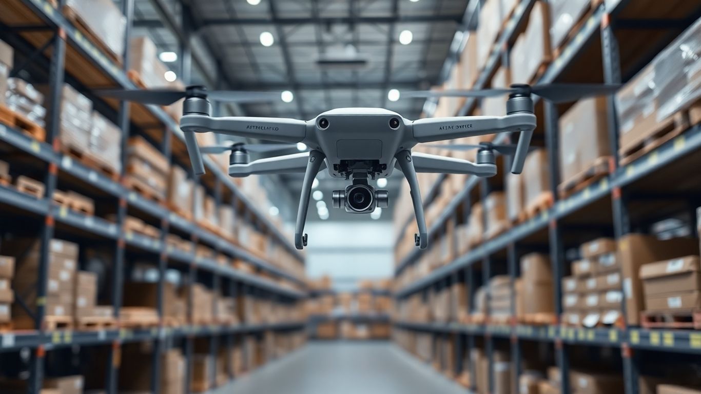 Drone dans un entrepôt moderne scannant des étagères.