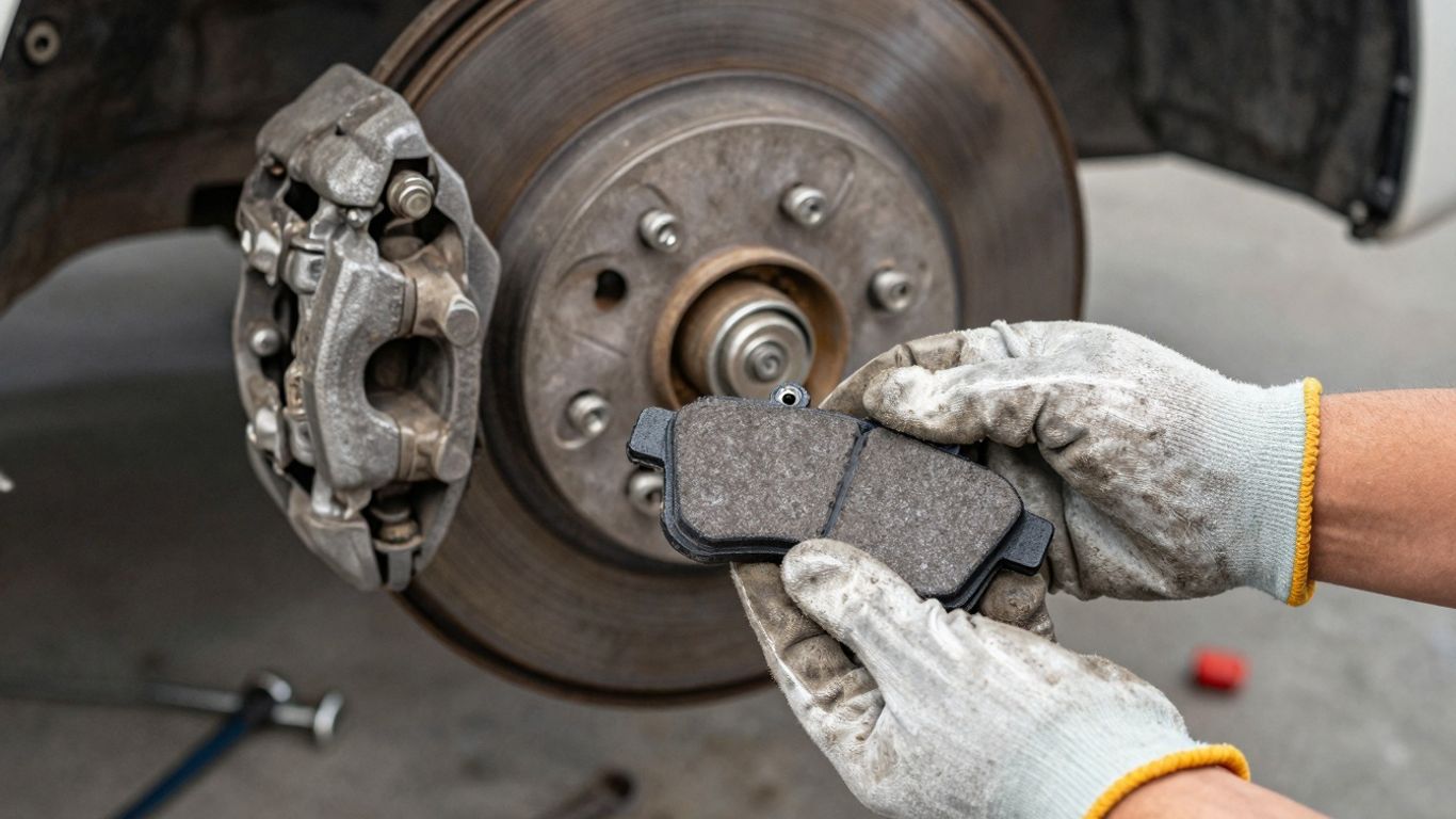 Mechanic holding new and old Nissan brake pads.