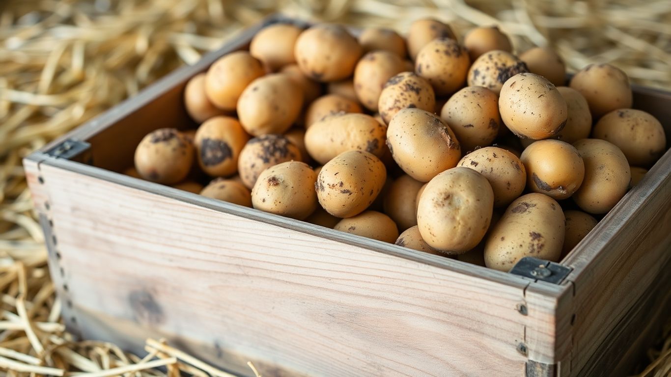 Biologische aardappelen in houten krat op stro