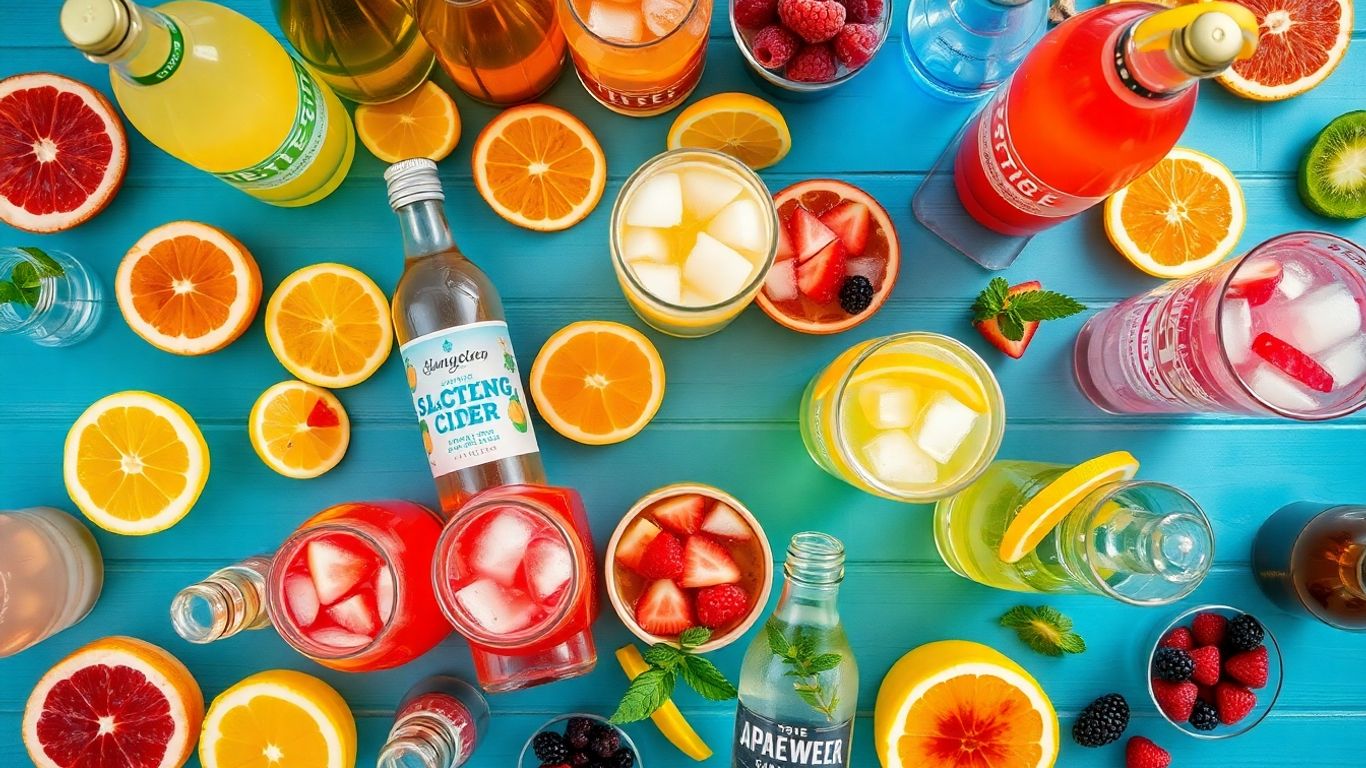 Assortment of colorful non-alcoholic drinks and garnishes.