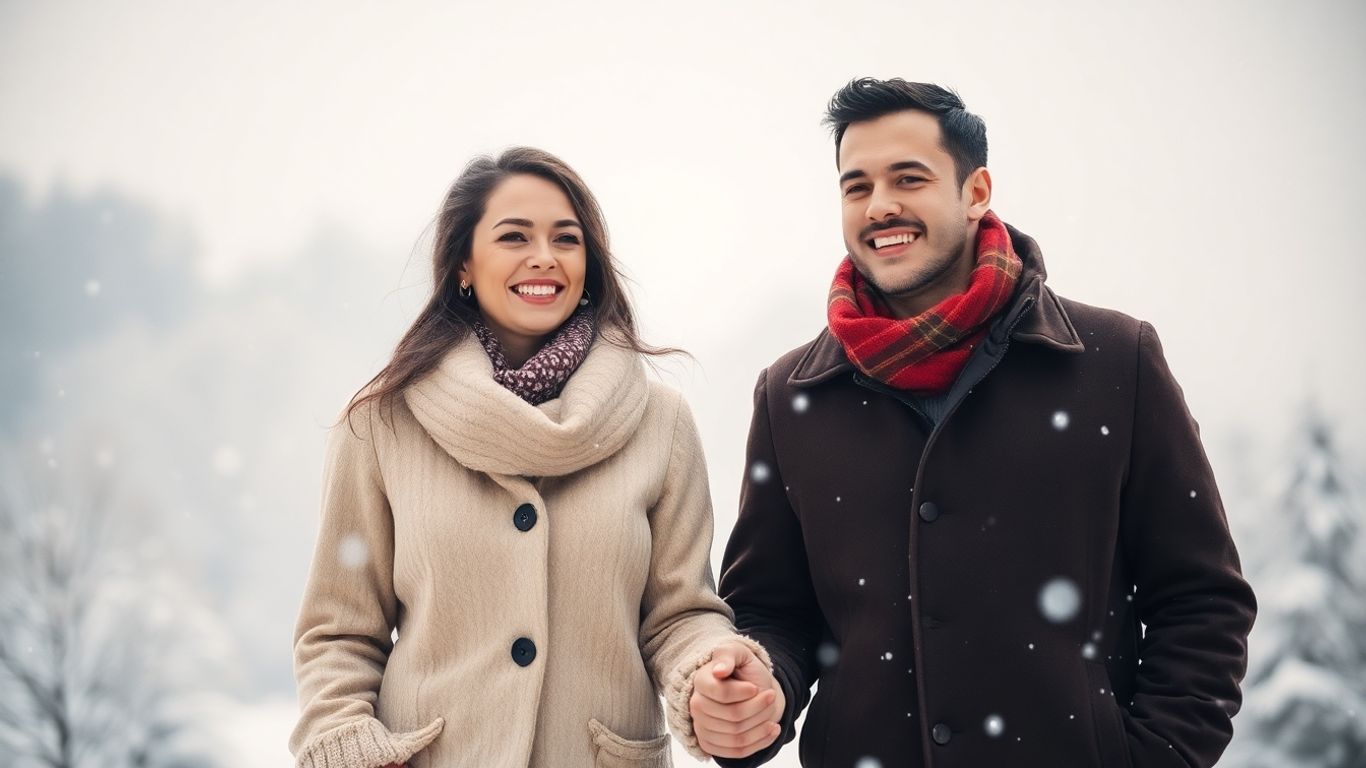 Couple in snowy landscape, winter wedding save-the-date