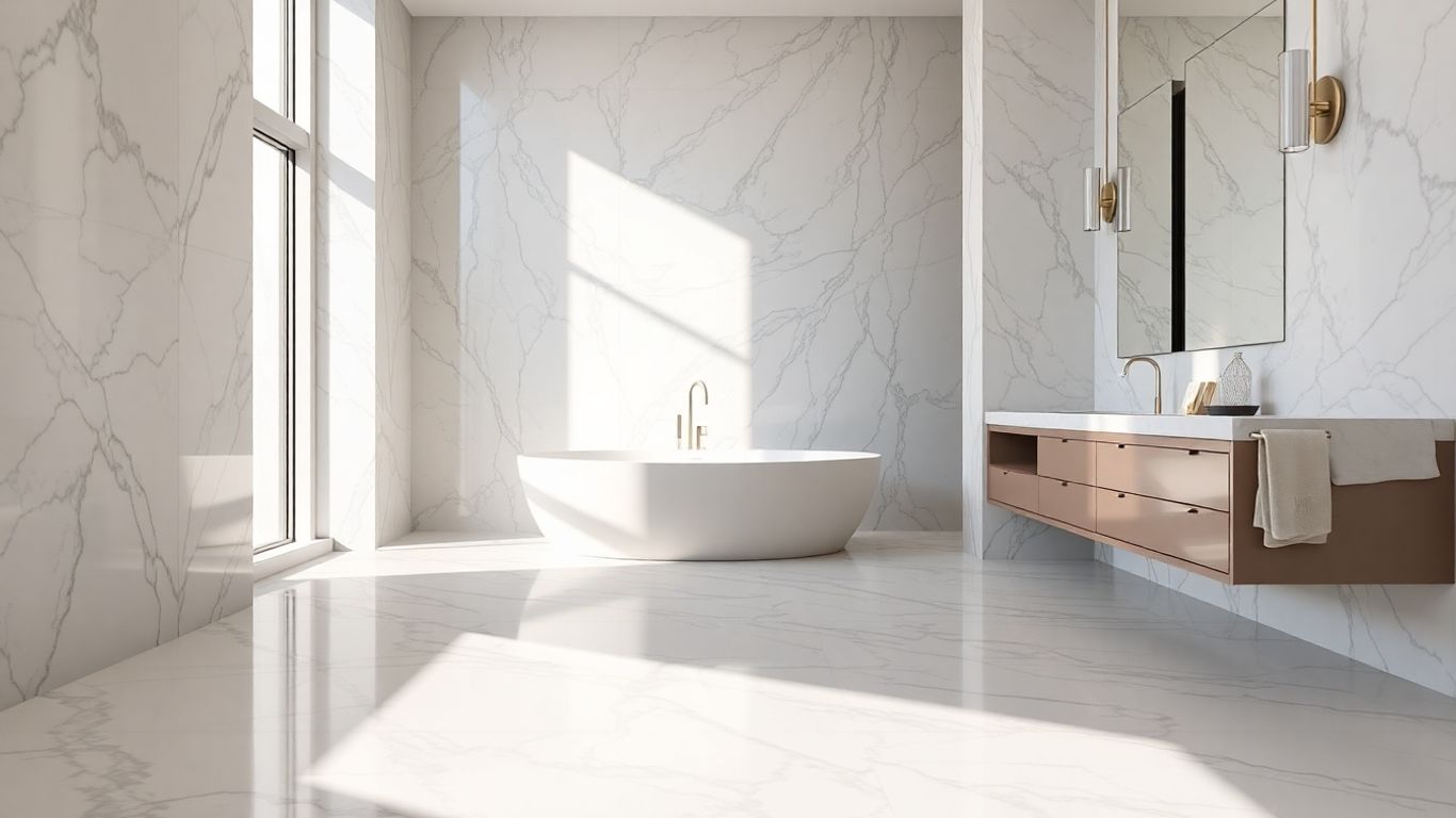 Elegant marble floor tiles in a luxurious bathroom.