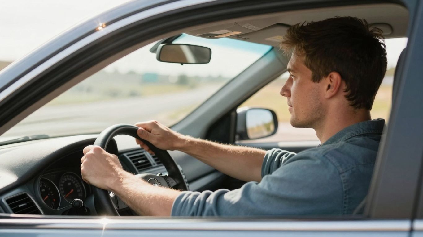 Driver looking happy on a sunny open road.