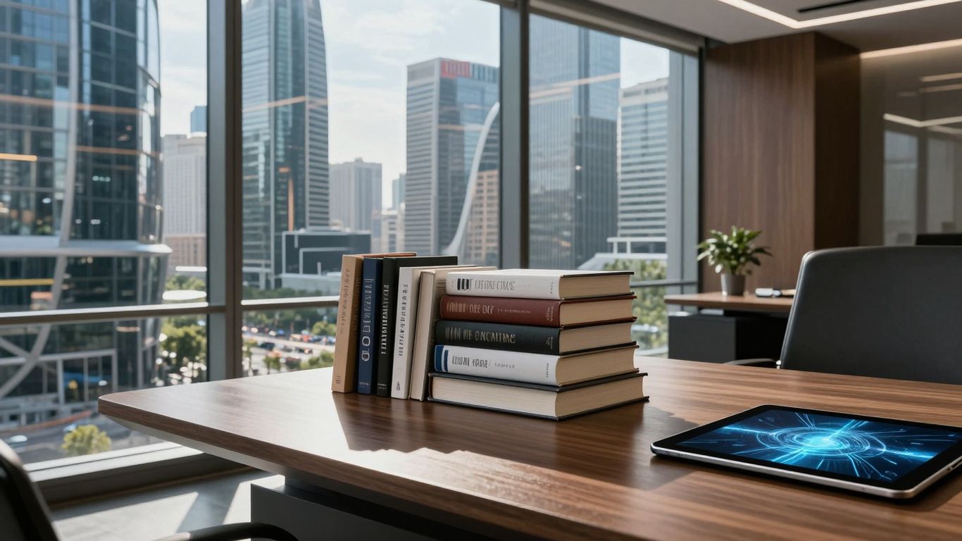 Business books and futuristic cityscape for growth.