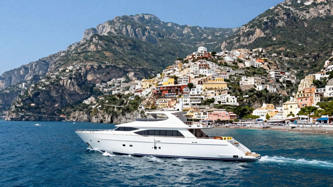 Luxury yacht sailing Amalfi Coast cliffs and sea.