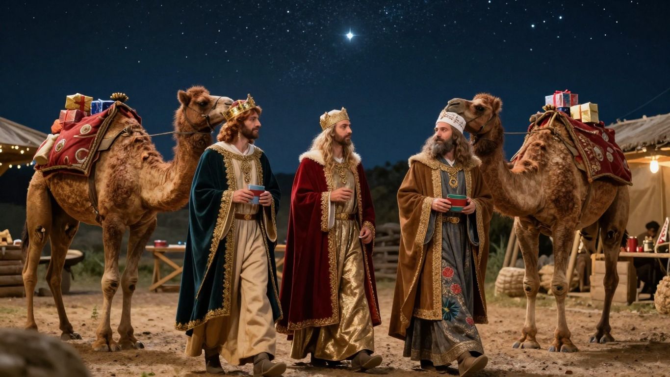 Los Reyes Magos con regalos y camellos.