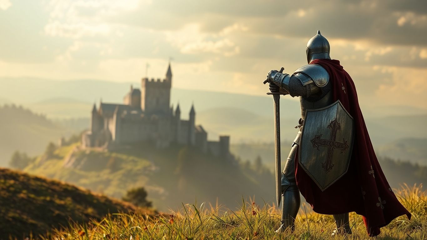 Medieval knight overlooking a castle, game art.
