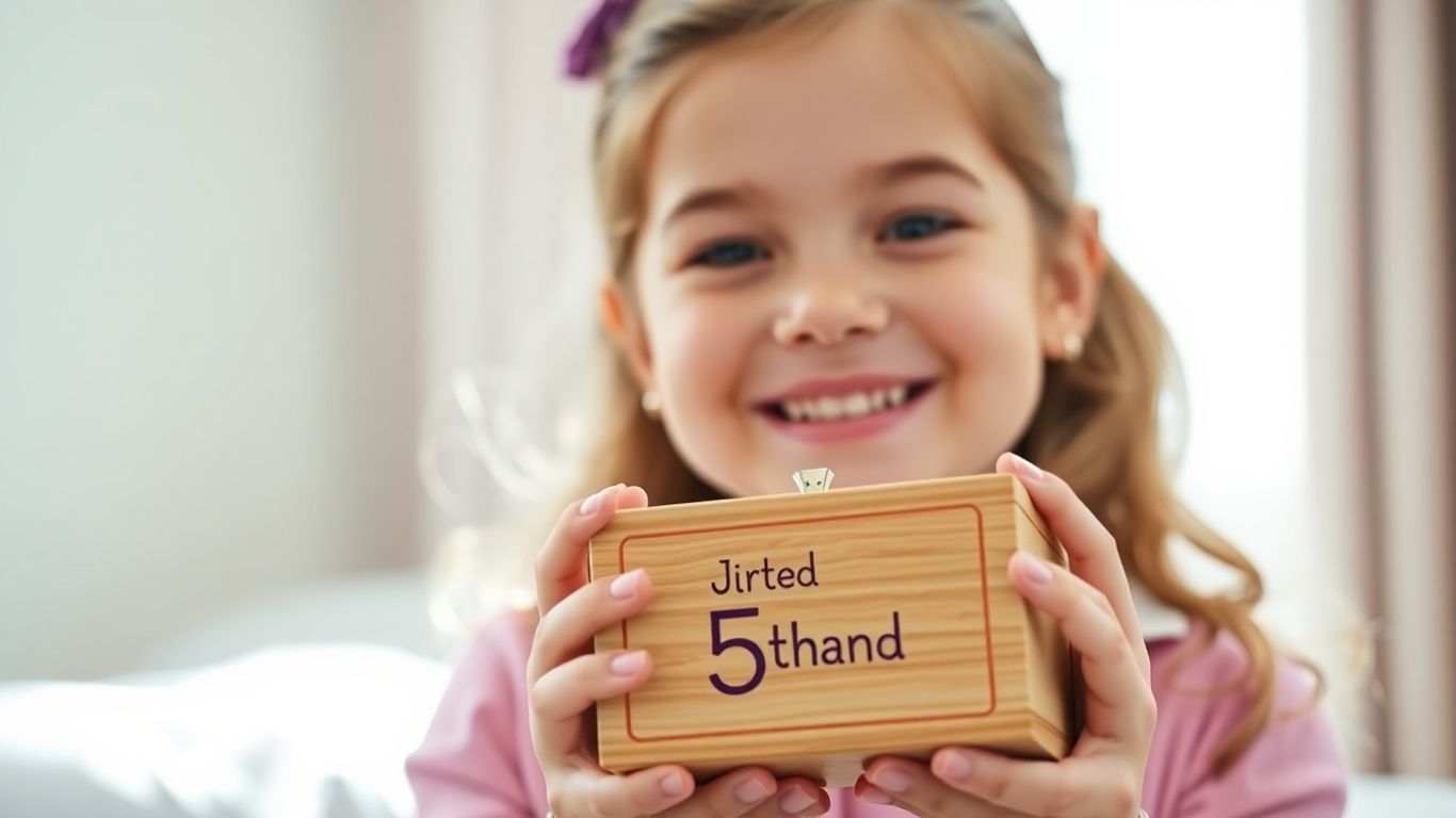 Girl happily holding a personalized money box gift.