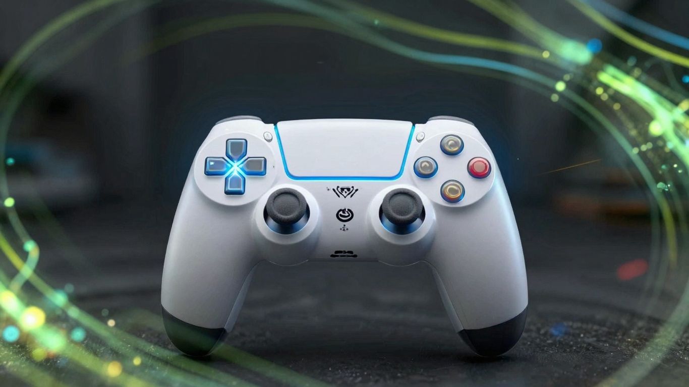 PlayStation-controller met gloeiend blauw licht en energiestromen.