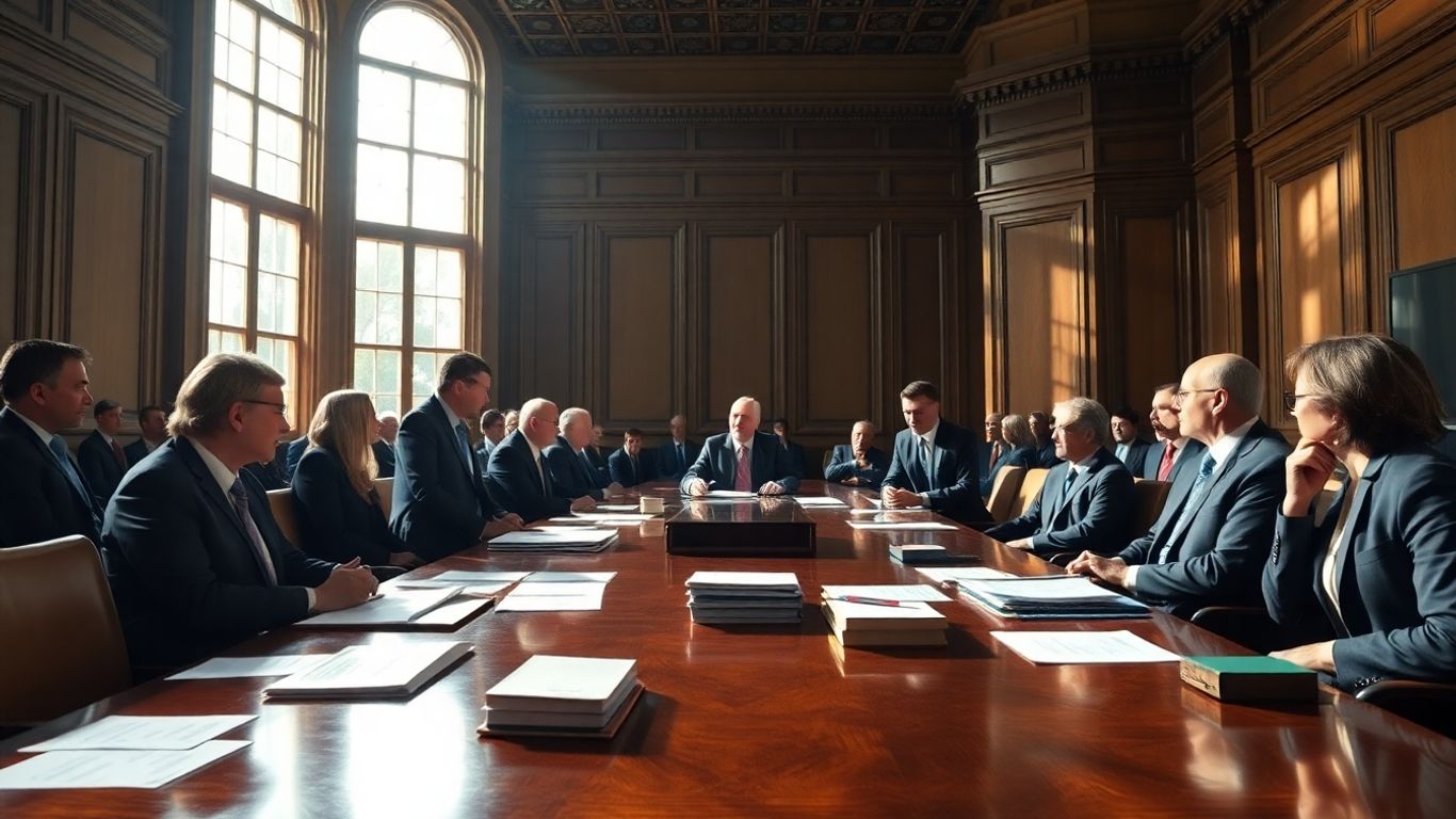 Profesioniști legali discutând într-o sală de judecată.