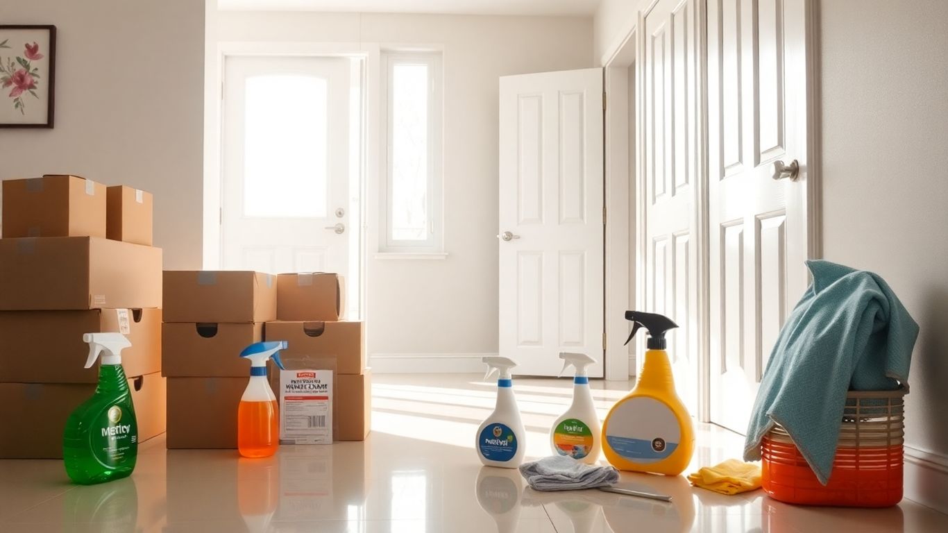 Clean home interior with moving boxes and cleaning supplies