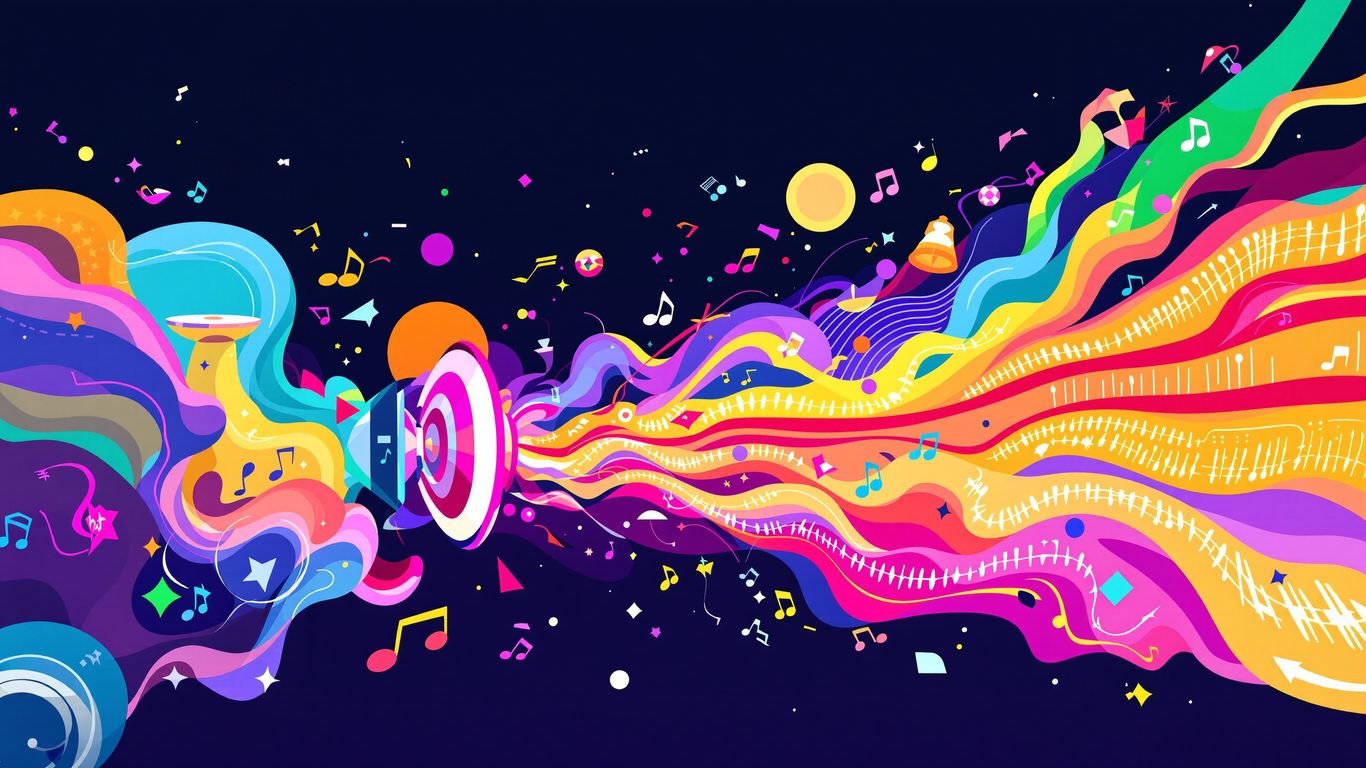 Colorful sound waves emanating from a music player.