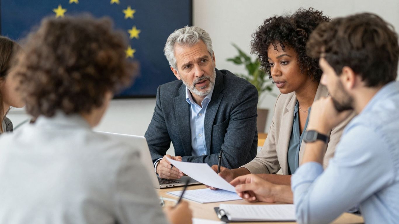 Oameni din regiuni europene diferite colaborând la proiecte.