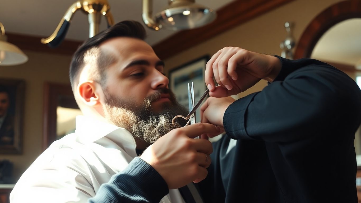 Barber cutting client's beard with scissors and comb.