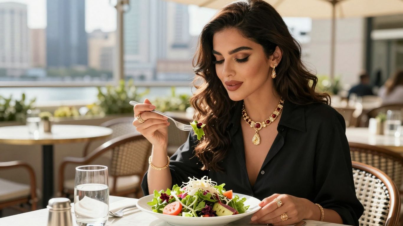 Femeie elegantă mănâncă o salată sănătoasă la un restaurant de lux.