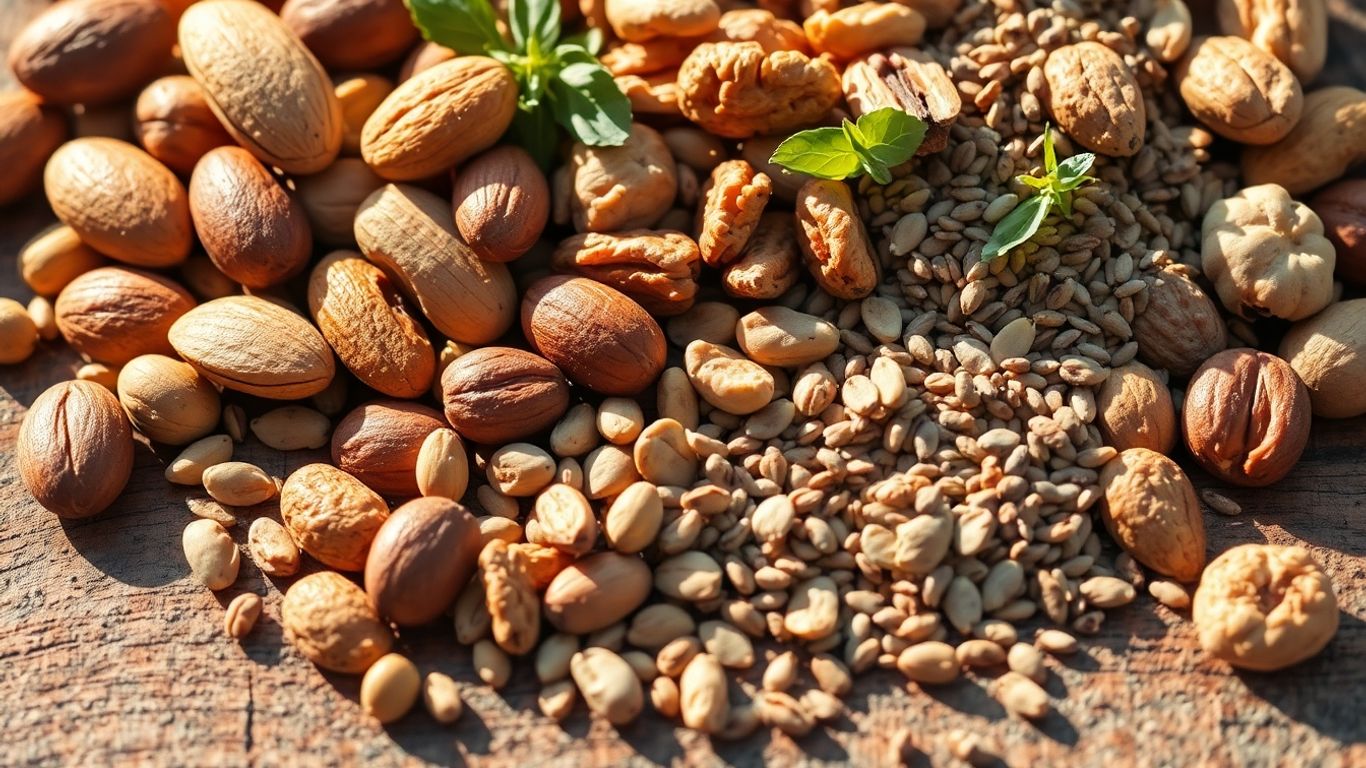 Varied sementes oleaginosas em close-up, saudáveis e coloridas.