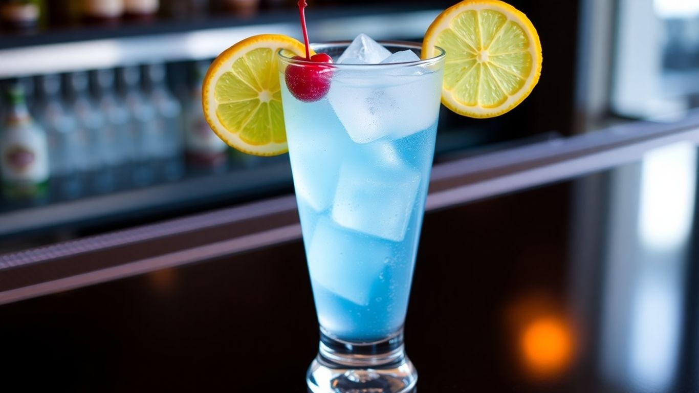 Gin-free Tom Collins cocktail with lemon and cherry garnish.