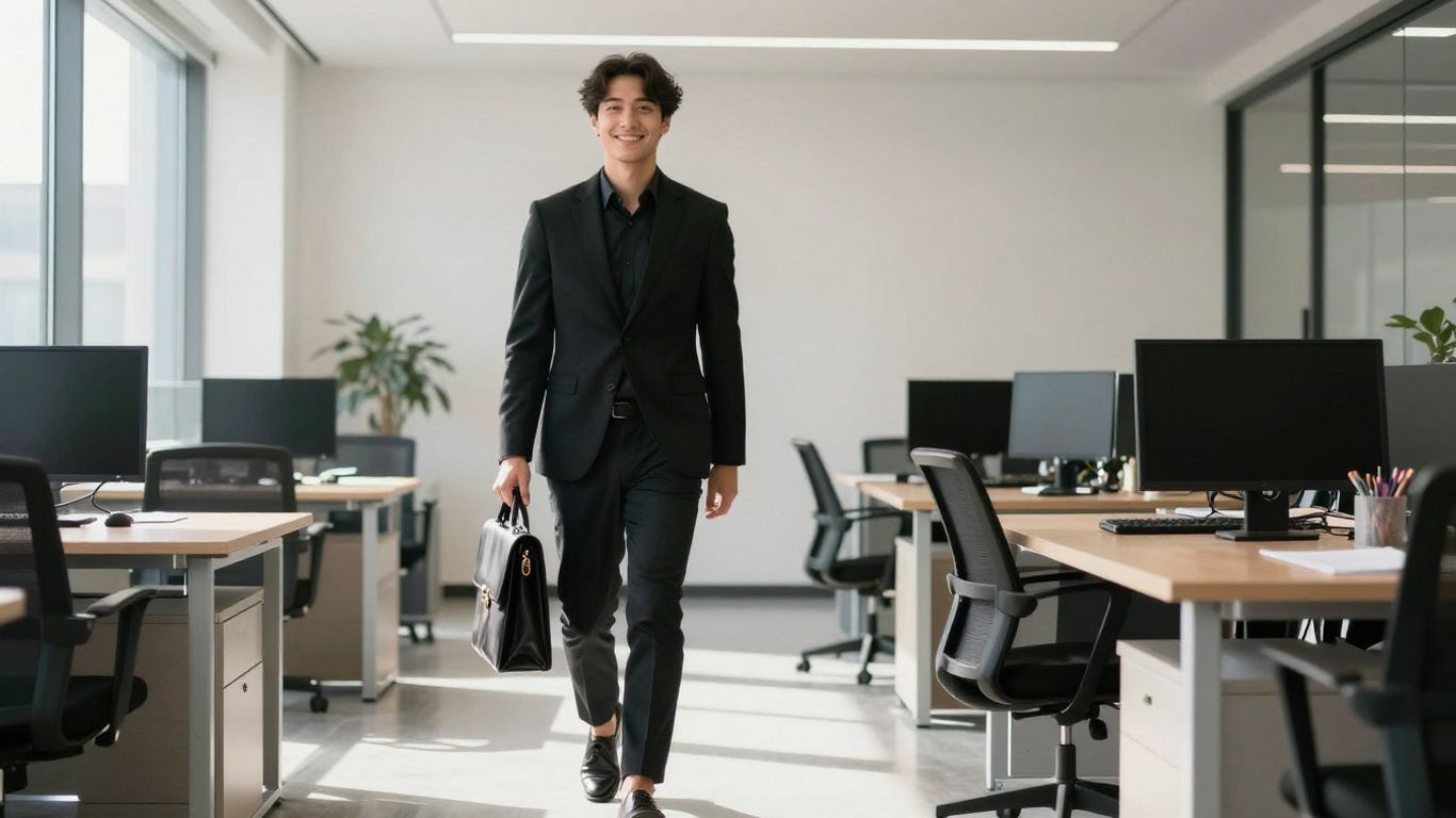 Persoon start succesvol nieuwe baan in modern kantoor.