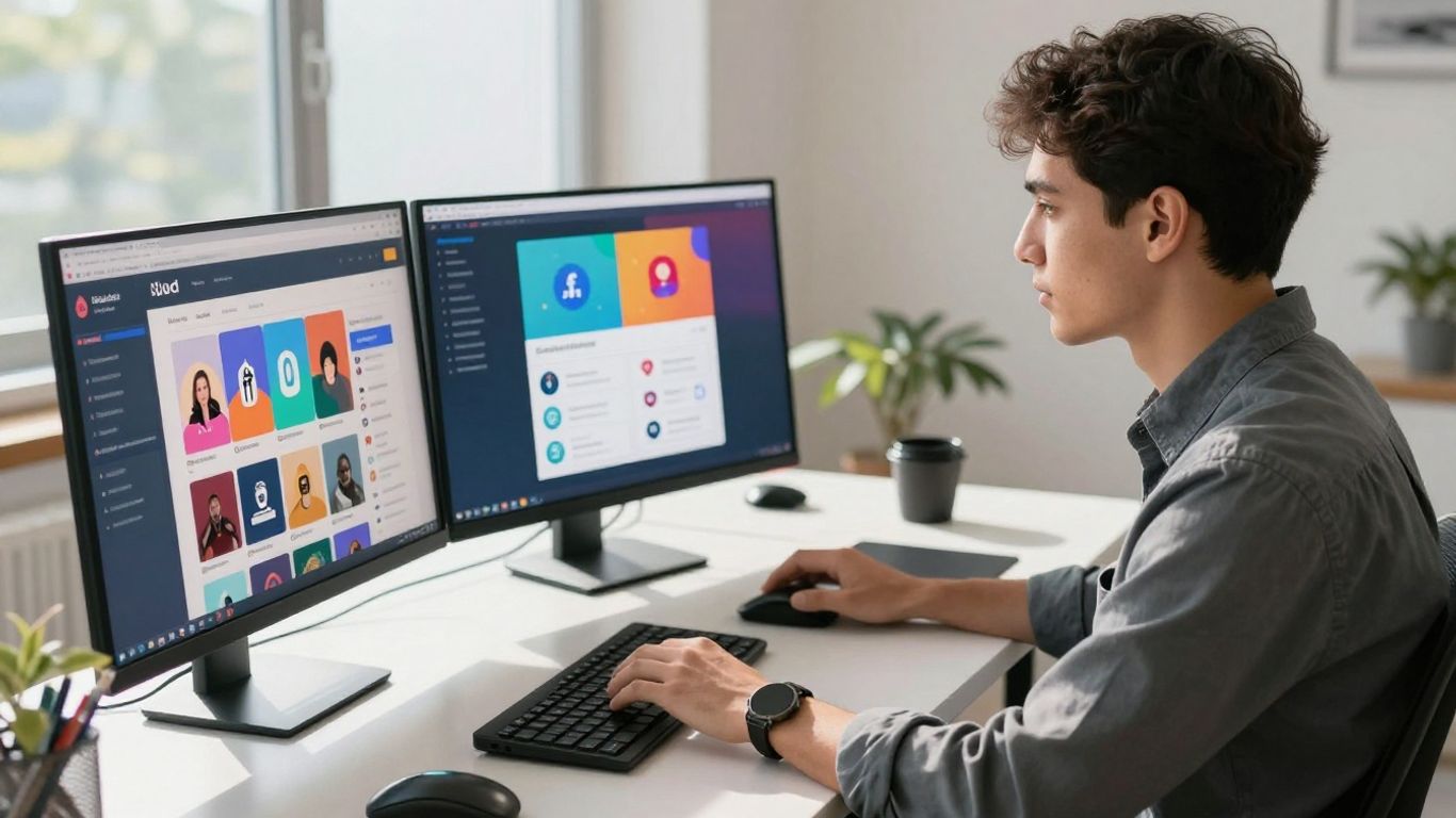 Gestionnaire de médias sociaux freelance travaillant sur un bureau moderne.