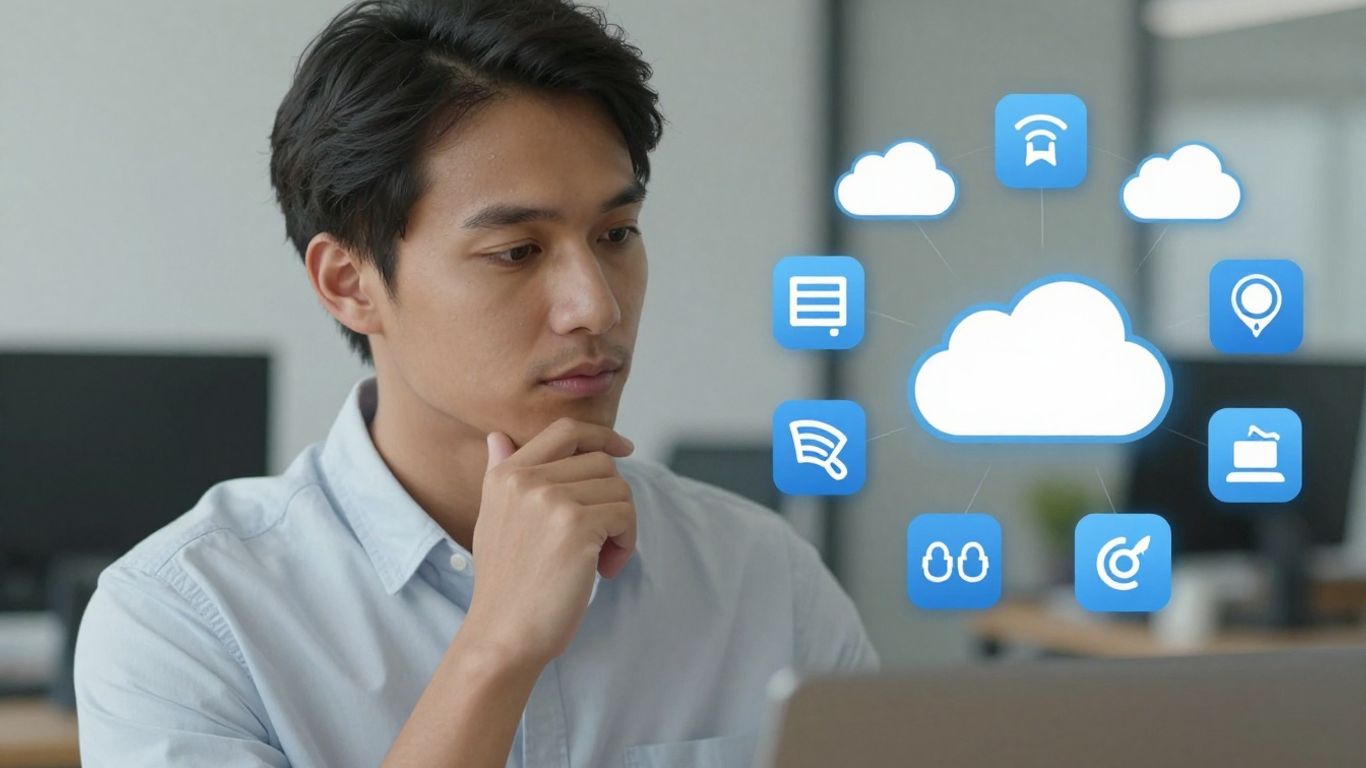 Person analyzing cloud icons for SaaS vendor risk.