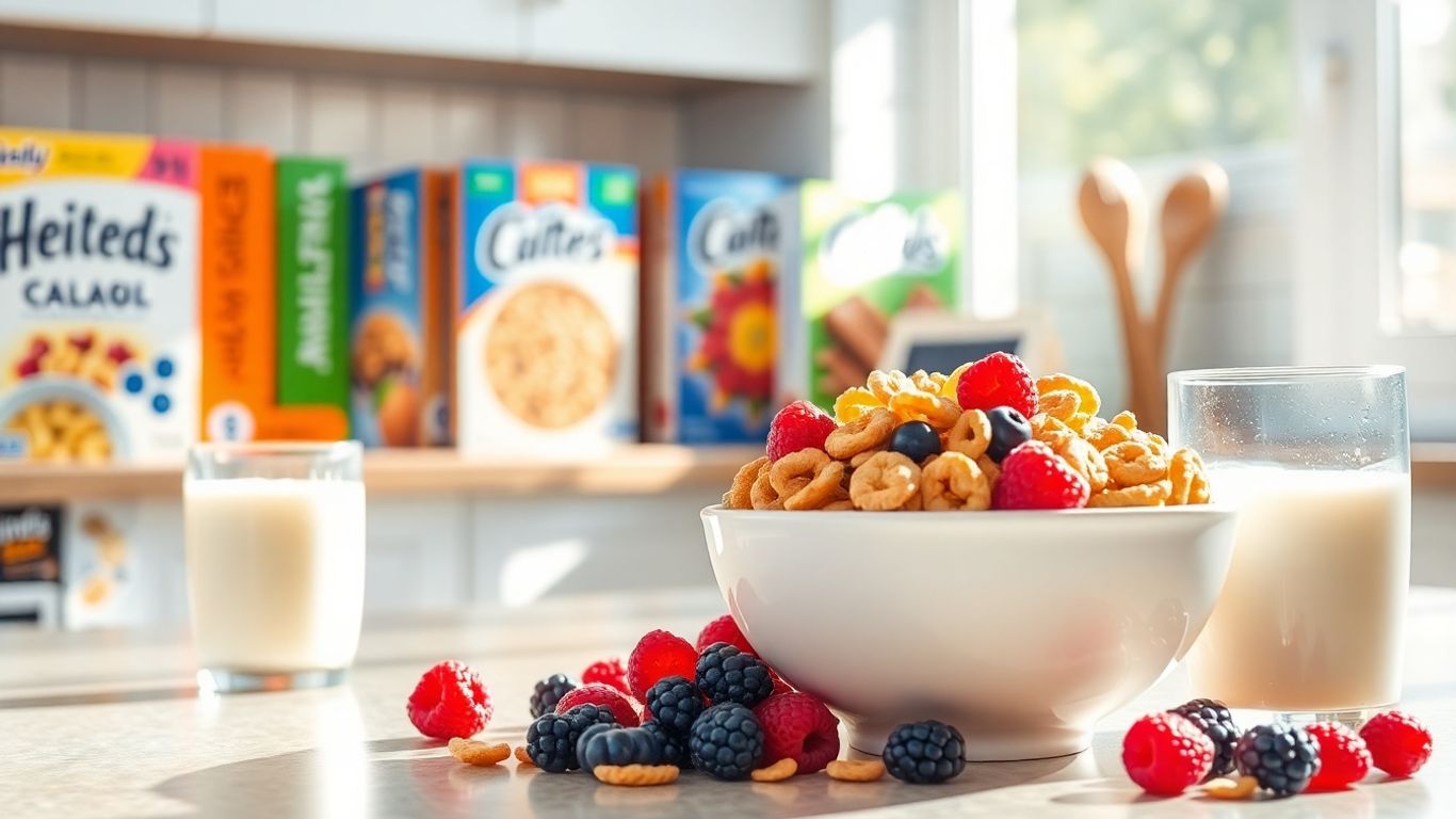Healthy cereal options with fresh fruit and milk.