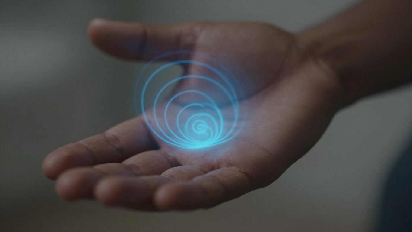 Pulsed electromagnetic field therapy device interacting with a human hand.