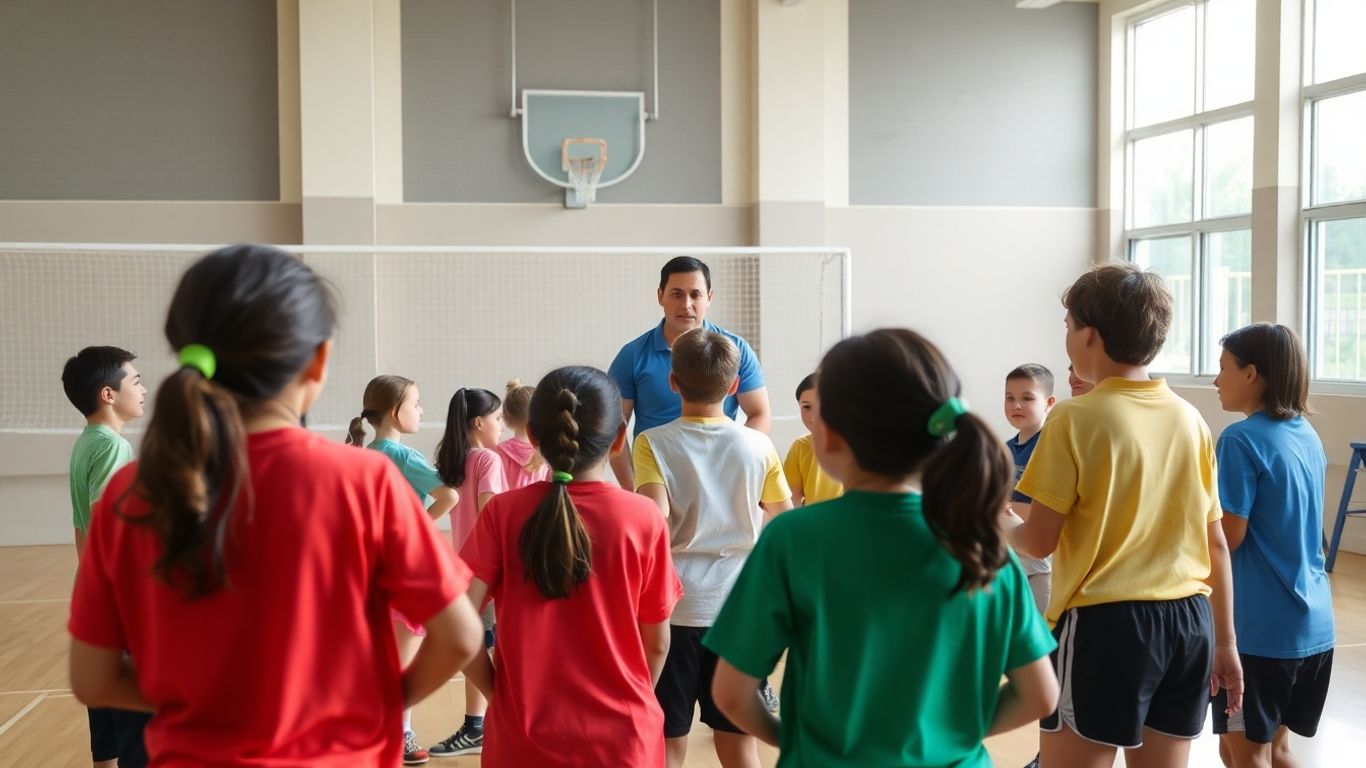 Lehrer leitet Sportunterricht mit aktiven Schülern