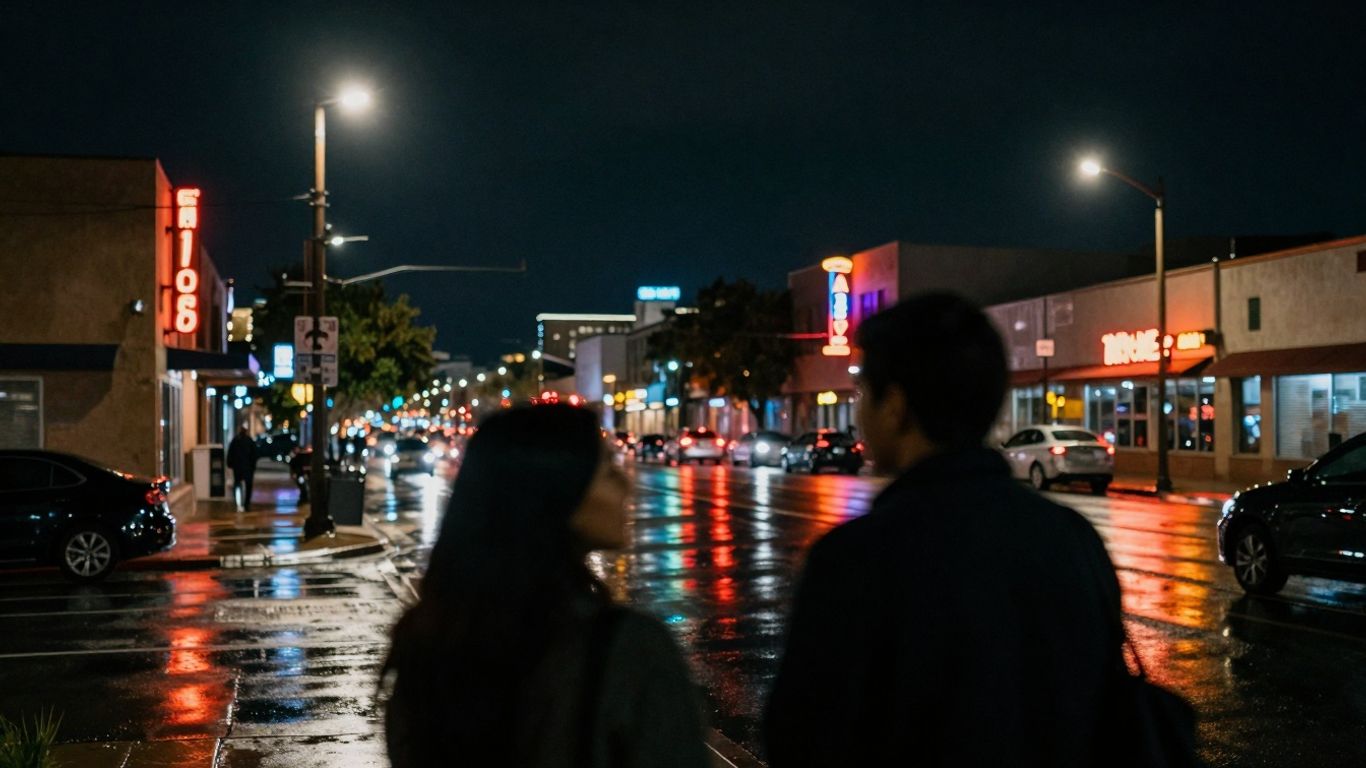 El Paso cityscape at night with two figures meeting.