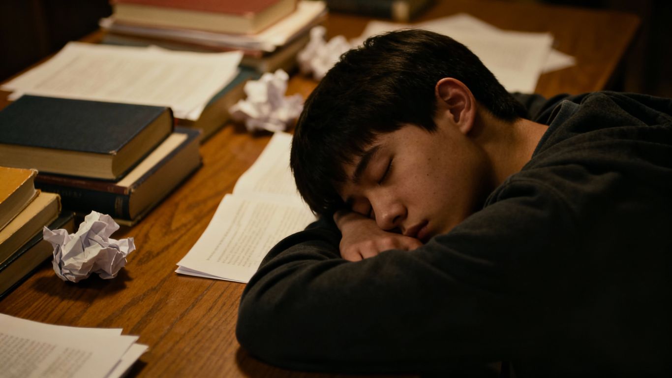 Student overwhelmed by academic exhaustion at desk.