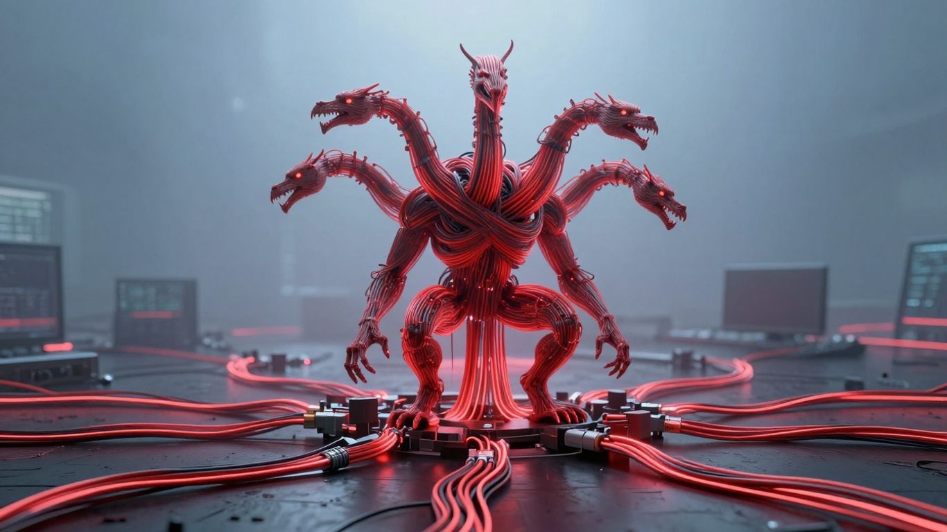 Red wires forming a Chimera creature on a computer screen.