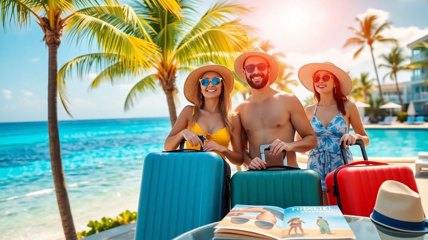 Couple with suitcases at tropical beach resort