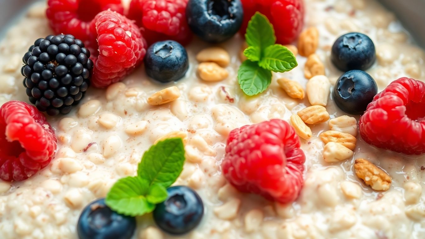 Bowl of bircher muesli with berries and nuts.