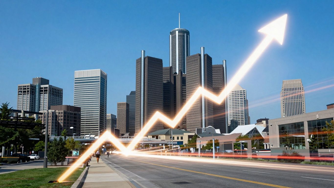 Detroit skyline with upward light trails symbolizing business growth.