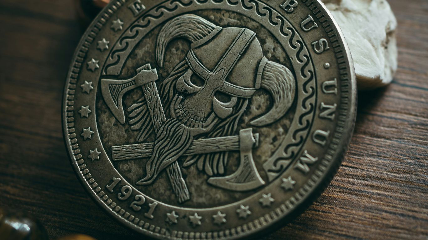 a pirate coin sitting on top of a wooden table